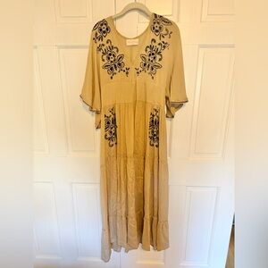 Miss June Paris Boho Maxi Dress Tan Black Floral Embroidery Large